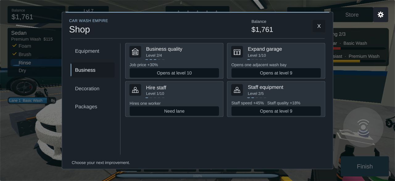 Business upgrades: quality, garage expansion, staff hiring and staff equipment.