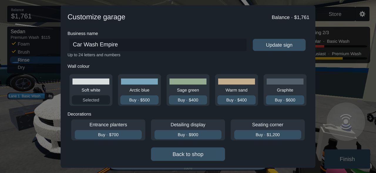 Business name, wall colours and decorations for the garage.