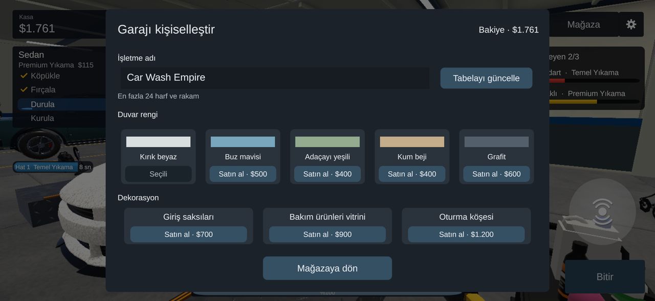 Garaj için işletme adı, duvar rengi ve dekorasyon seçenekleri.