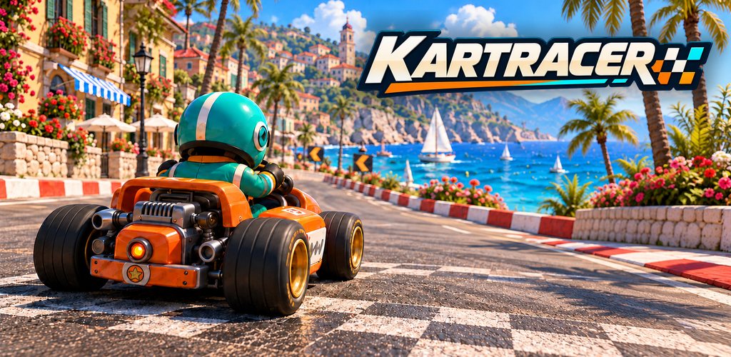 KartRacer key art: an orange kart racing through a sunny seaside town.