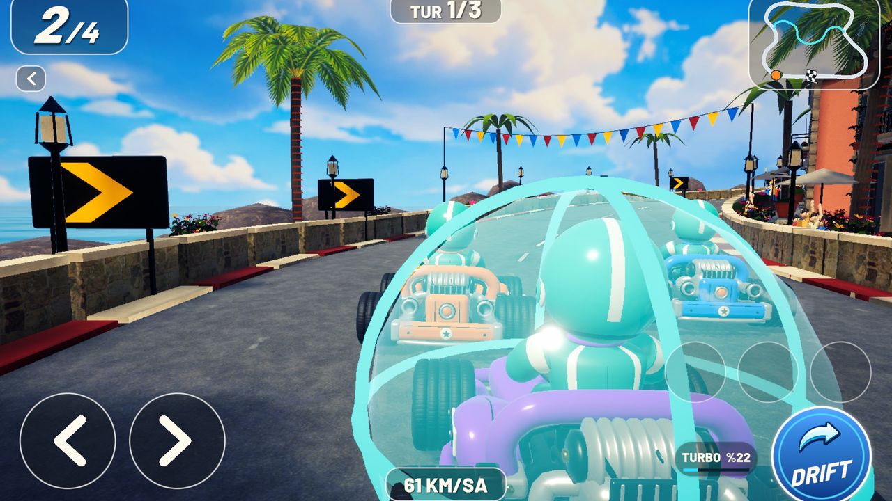 A kart inside a shield bubble at the start of a race on the Coast track.