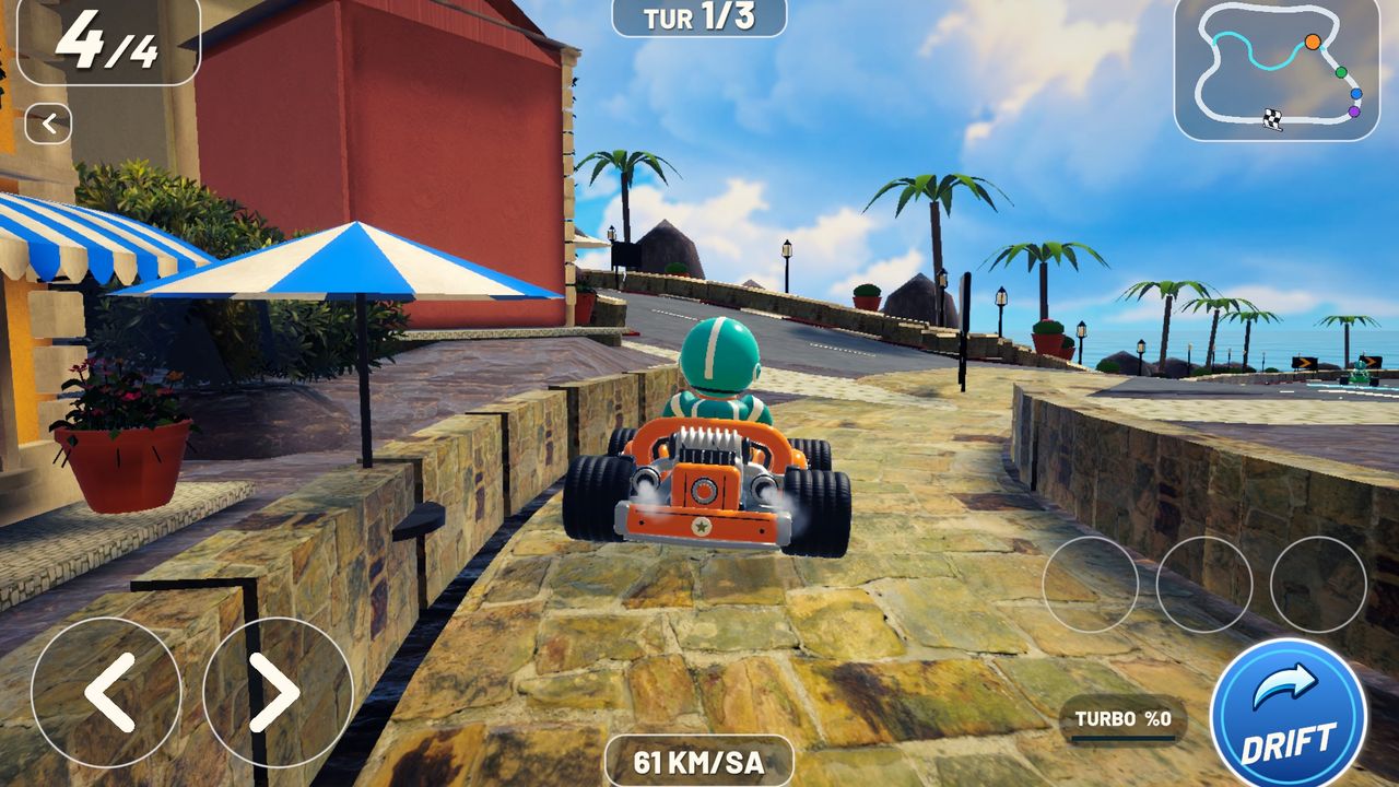 Racing over cobblestones between the houses of the town.