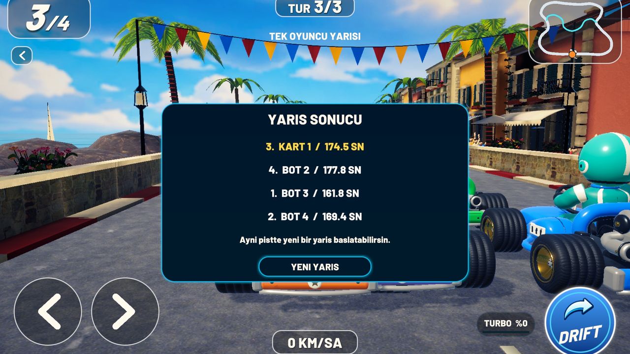 The results card after a solo race against three bots.